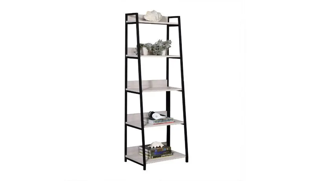 67" Natural and Black Metal Five Tier Ladder Bookcase - Image 3
