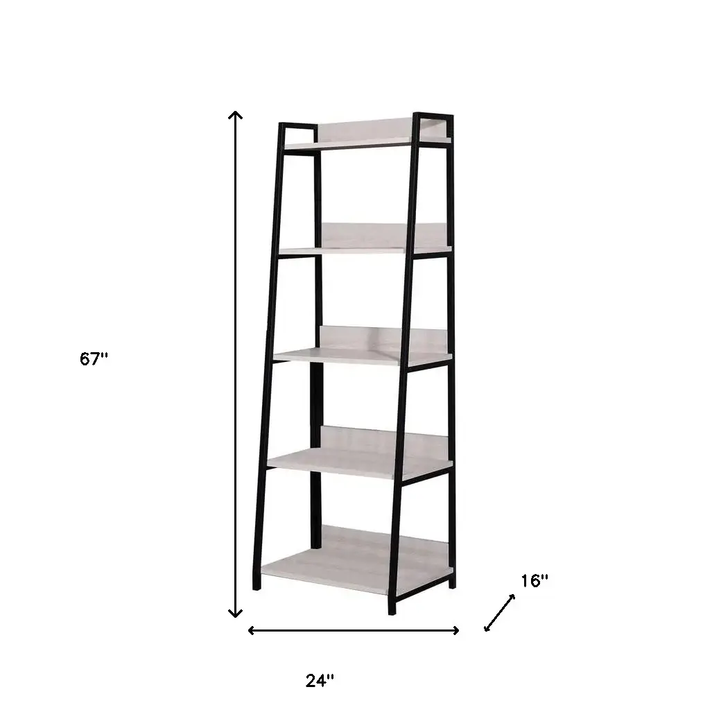 67" Natural and Black Metal Five Tier Ladder Bookcase - Image 4
