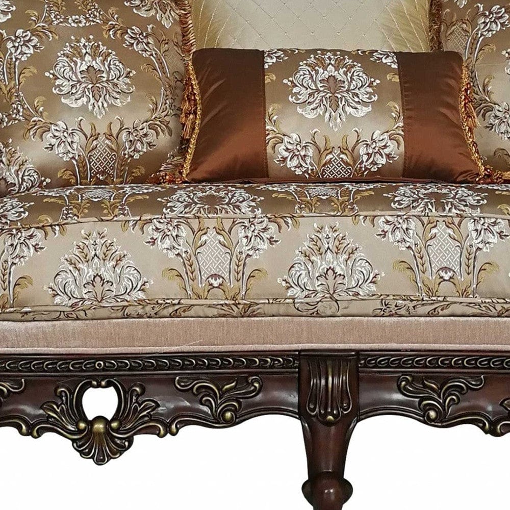 68" Cream And Brown Damask Chesterfield Loveseat and Toss Pillows - Image 4