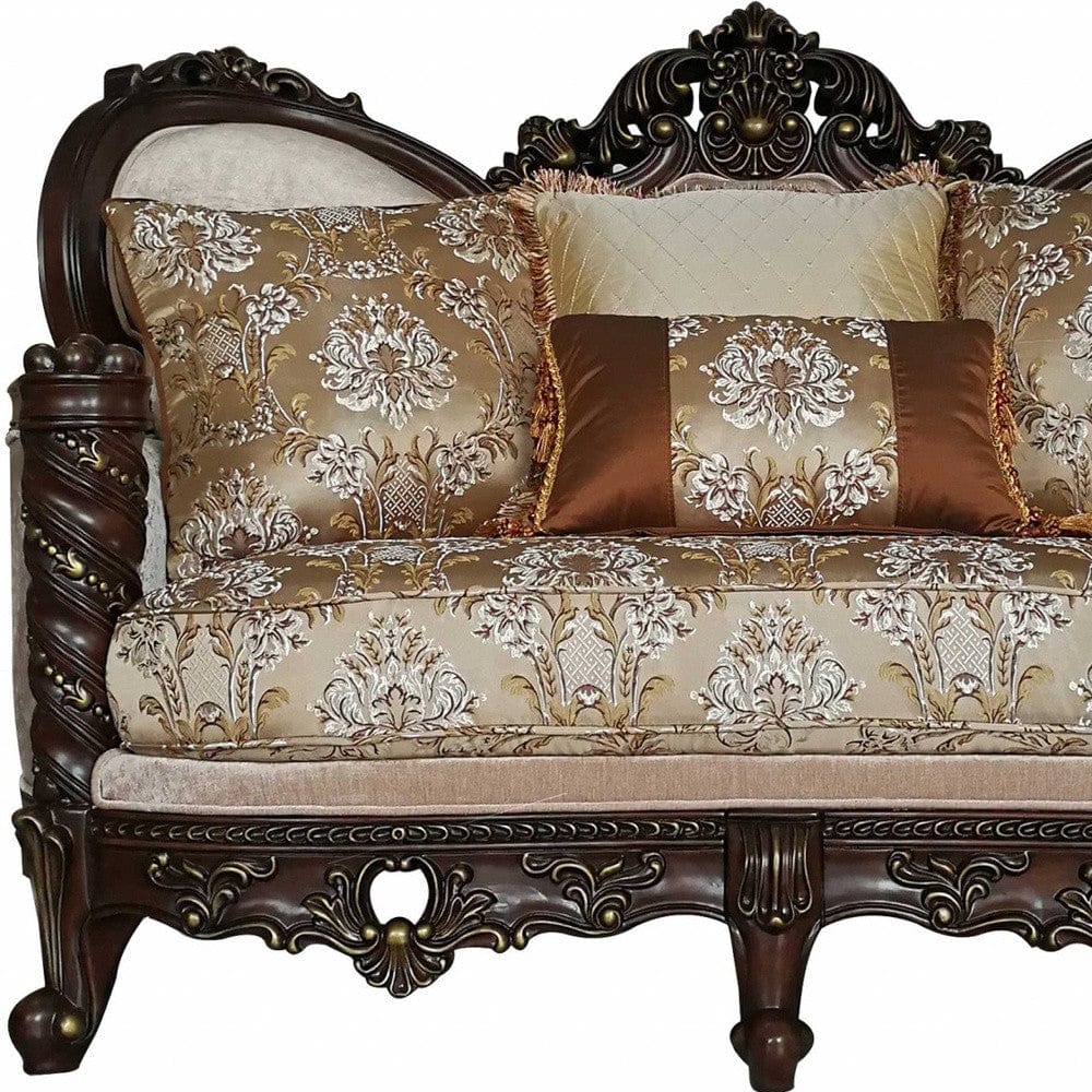 68" Cream And Brown Damask Chesterfield Loveseat and Toss Pillows - Image 5