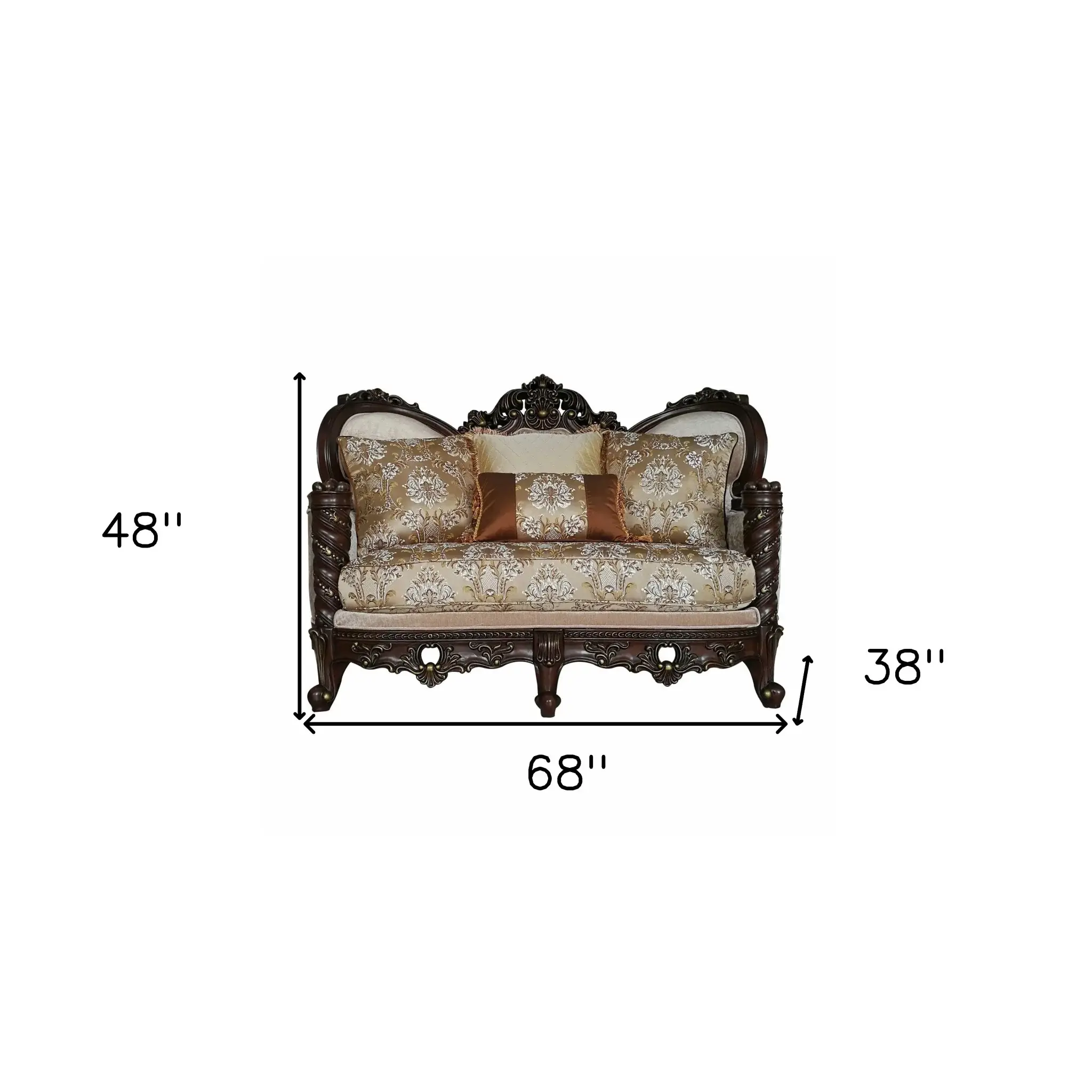 68" Cream And Brown Damask Chesterfield Loveseat and Toss Pillows - Image 6