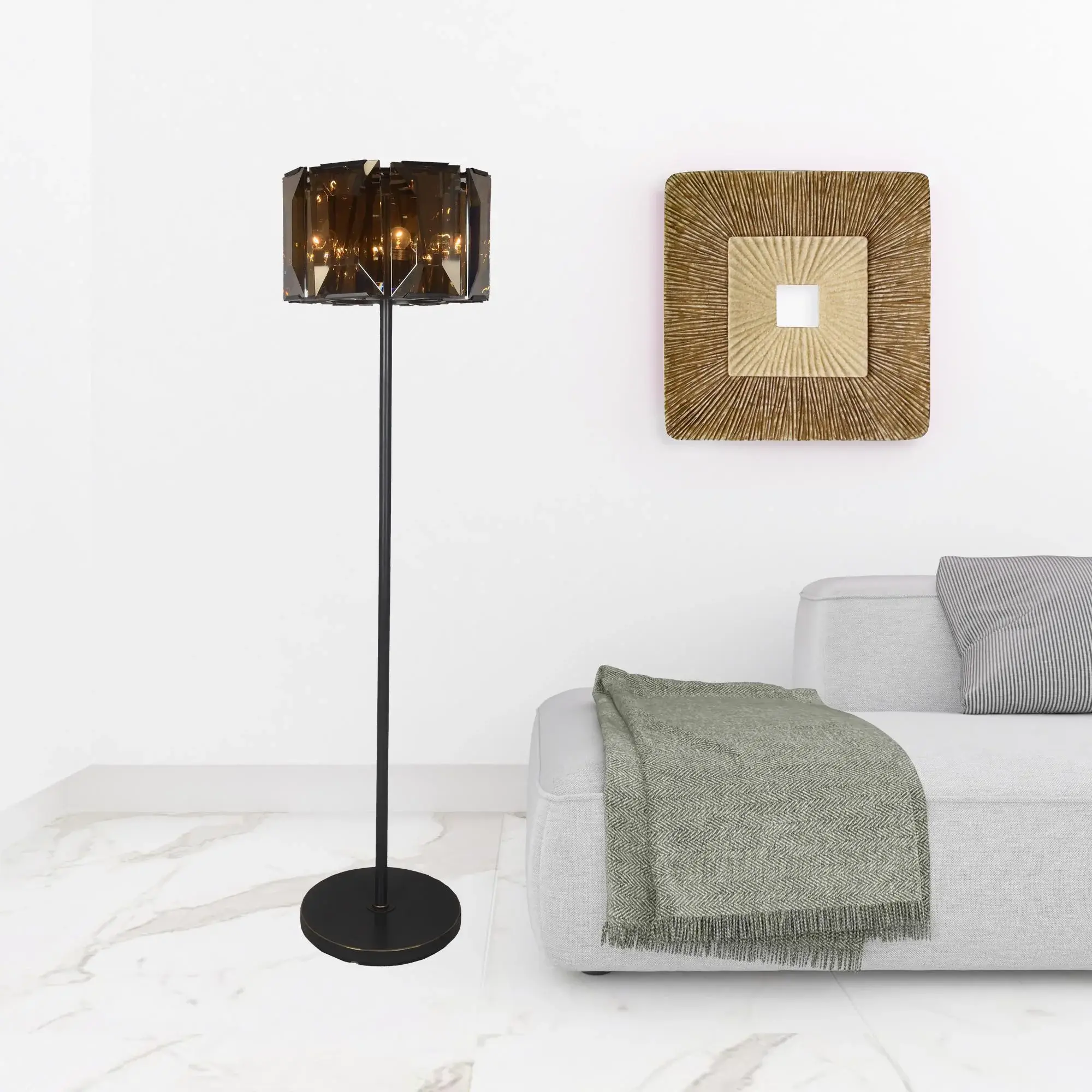 68" Dark Bronze Floor Lamp With Amber Solid Color Beveled Glass Drum Shade - Image 2