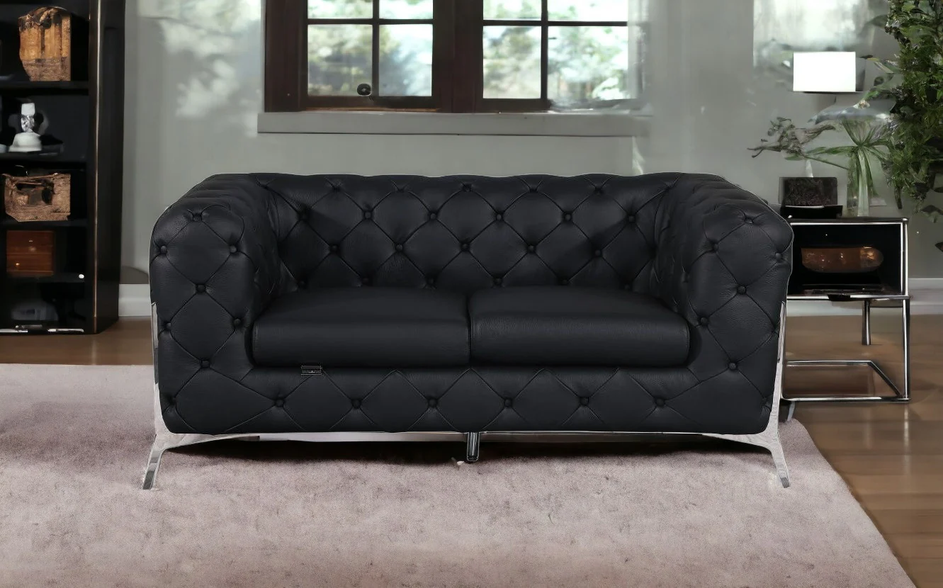 69" Black And Silver Italian Leather Loveseat - Image 2