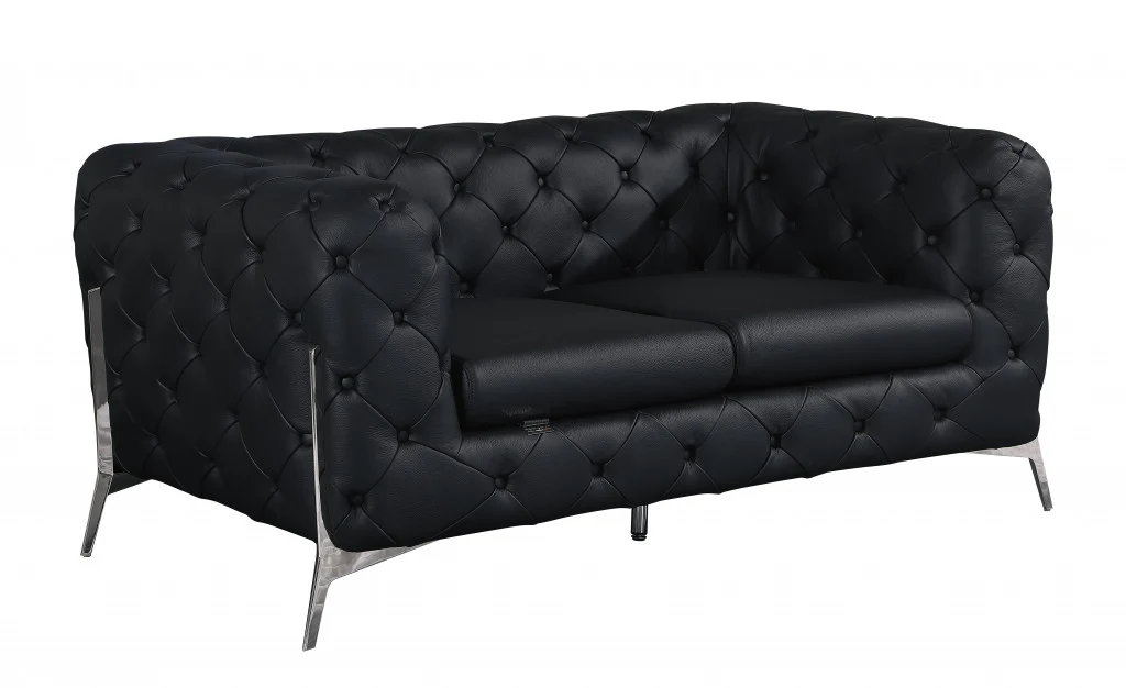 69" Black And Silver Italian Leather Loveseat - Image 3