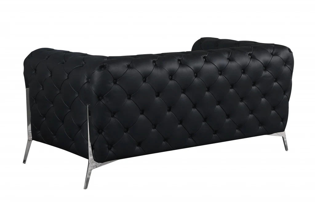 69" Black And Silver Italian Leather Loveseat - Image 4