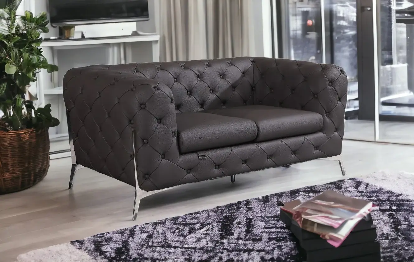 69" Brown And Silver Italian Leather Loveseat - Image 2