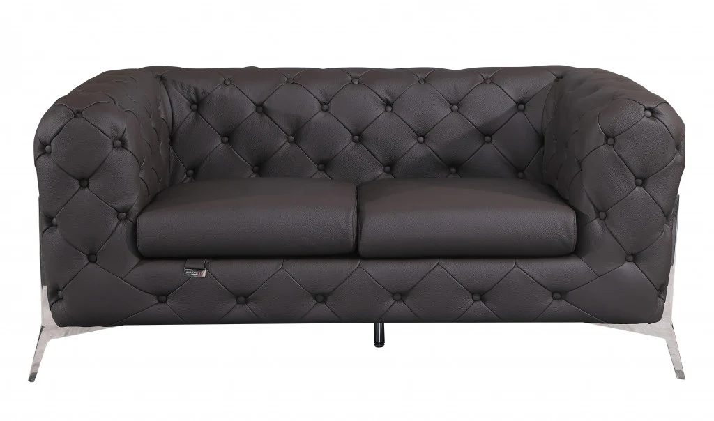 69" Brown And Silver Italian Leather Loveseat - Image 3