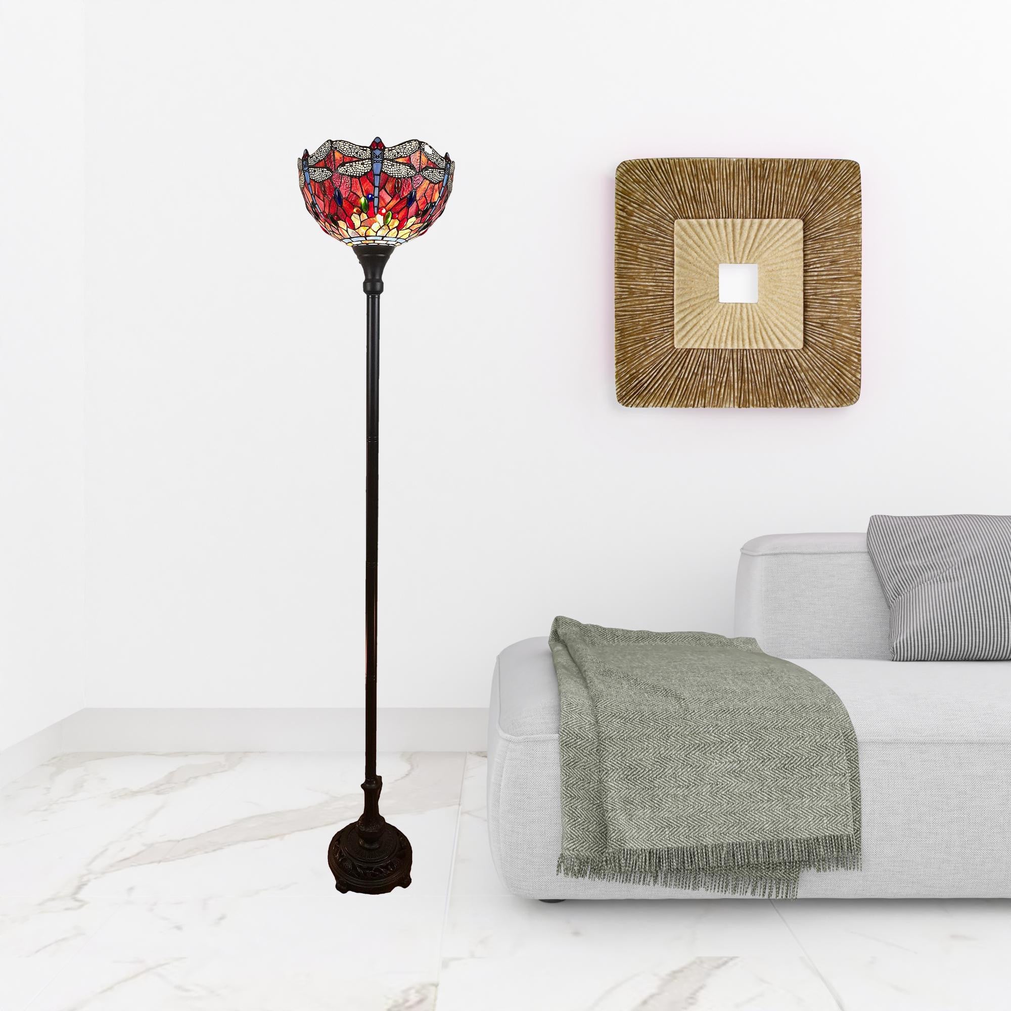 69" Brown Traditional Shaped Floor Lamp With Red Yellow And Brown Dragonfly Stained Glass Dome Shade - Image 2