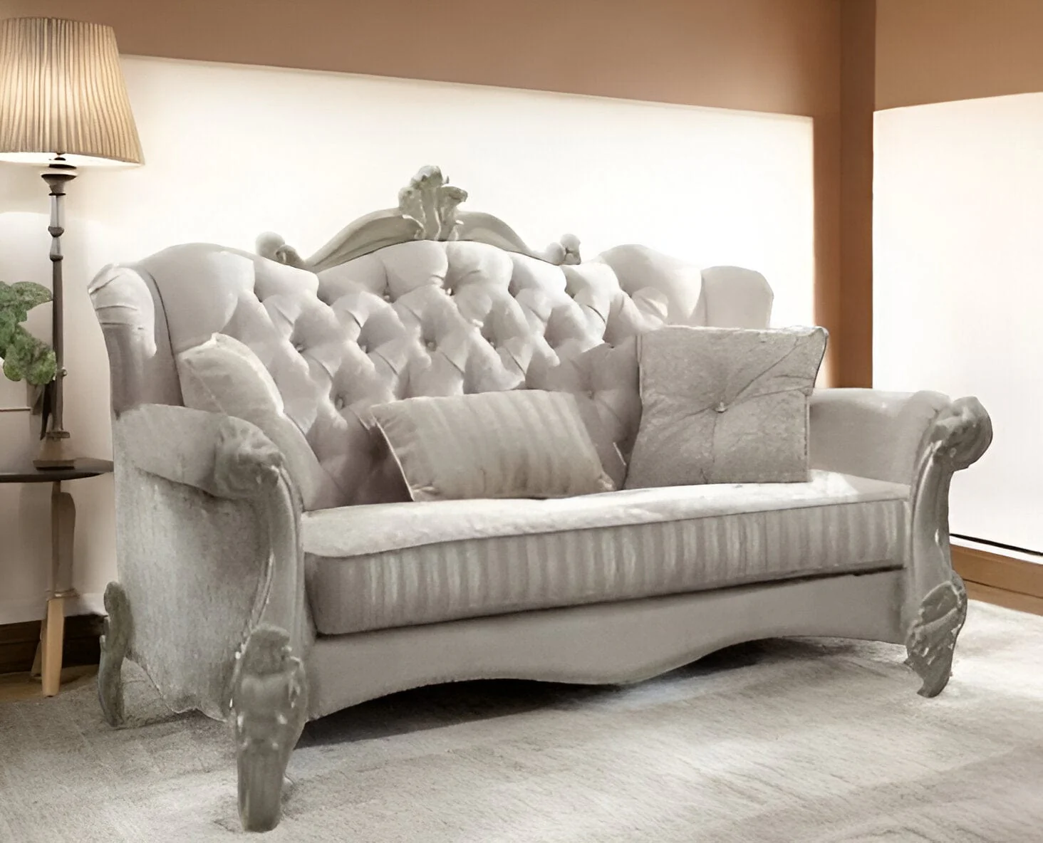 69" Ivory Chesterfield Loveseat and Toss Pillows - Image 3