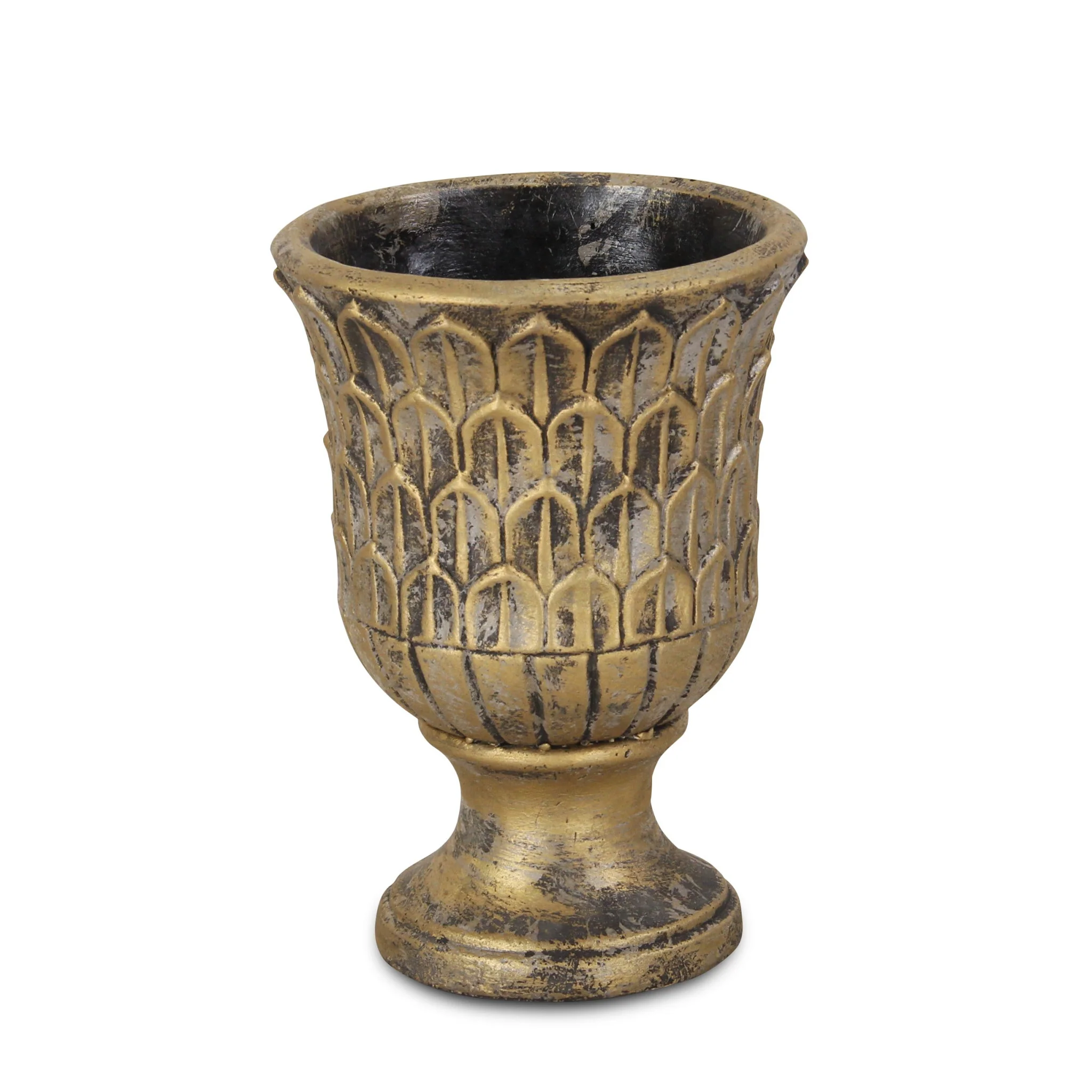 7" Antiqued Brass Textural Tone On Tone Cement Indoor Outdoor Round Urn Planter - Image 2