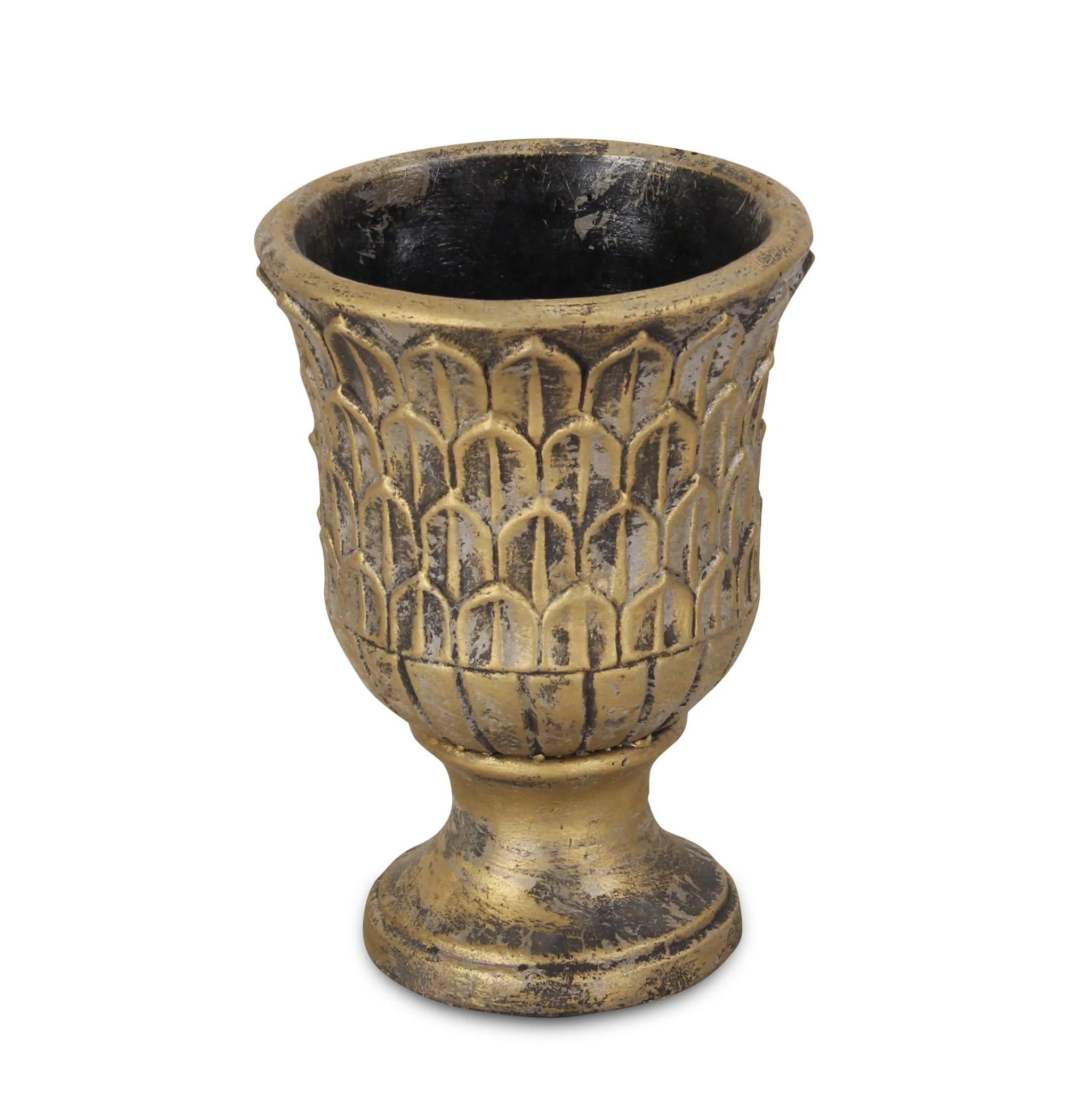 7" Antiqued Brass Textural Tone On Tone Cement Indoor Outdoor Round Urn Planter - Image 3