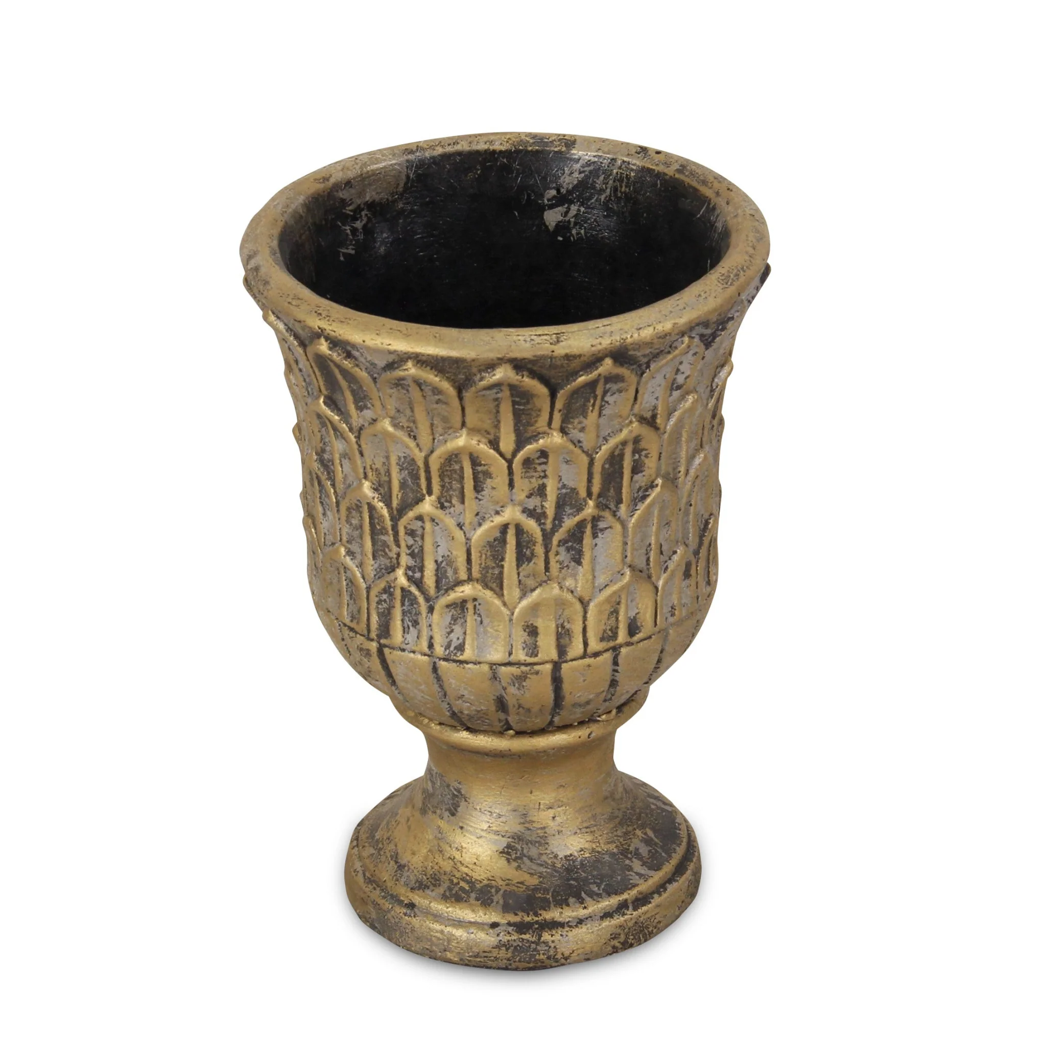 7" Antiqued Brass Textural Tone On Tone Cement Indoor Outdoor Round Urn Planter - Image 4