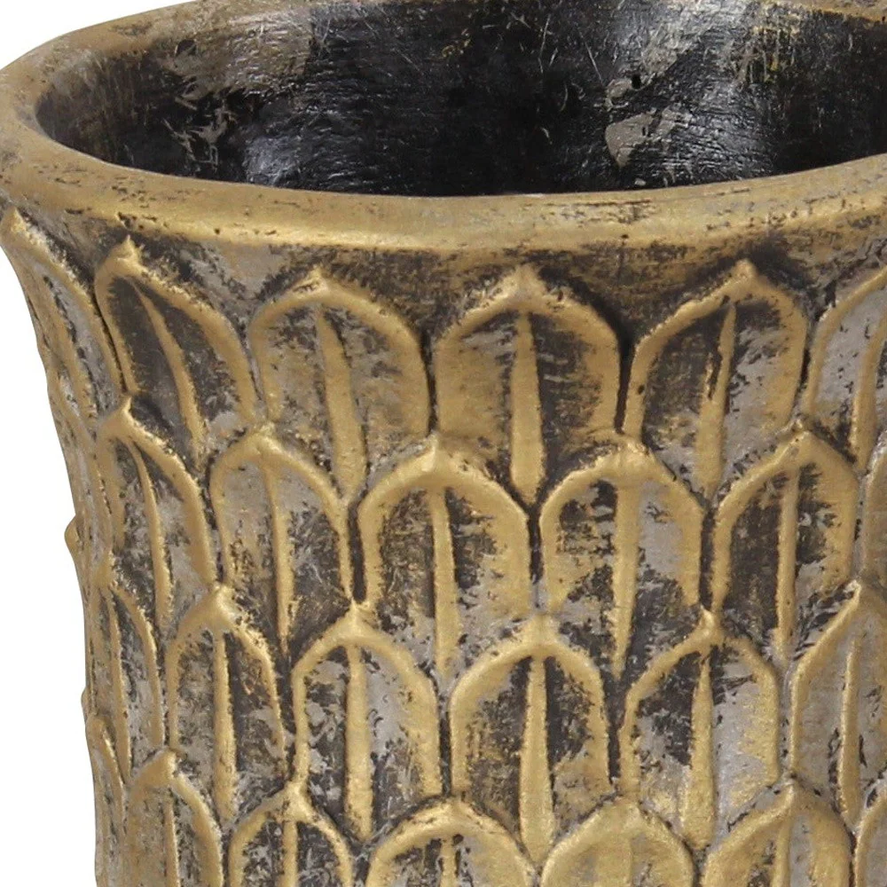 7" Antiqued Brass Textural Tone On Tone Cement Indoor Outdoor Round Urn Planter - Image 5