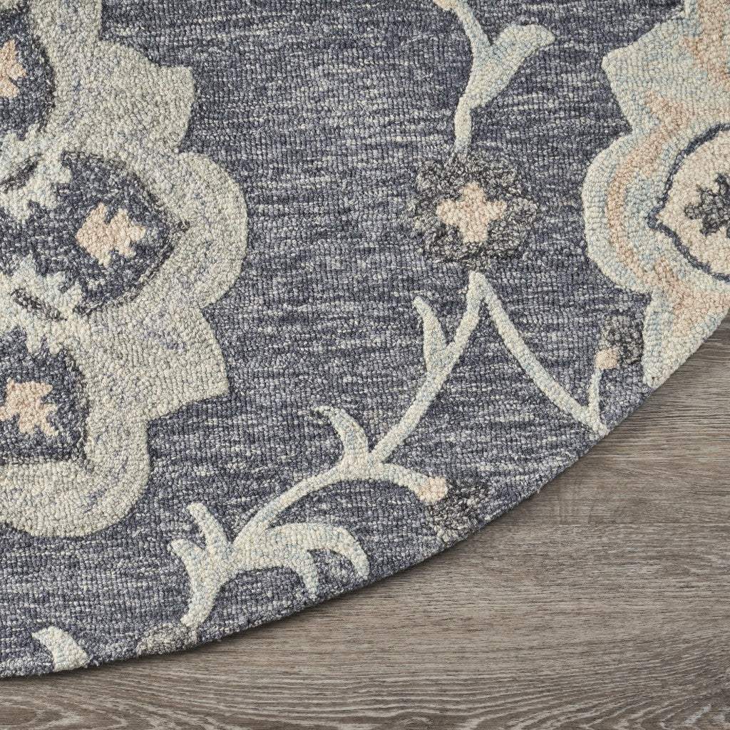 7' Blue And Gray Round Wool Hand Tufted Area Rug - Image 6