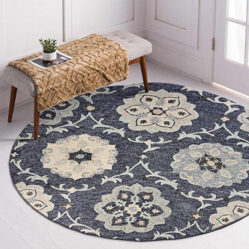 7' Blue And Gray Round Wool Hand Tufted Area Rug - Image 7