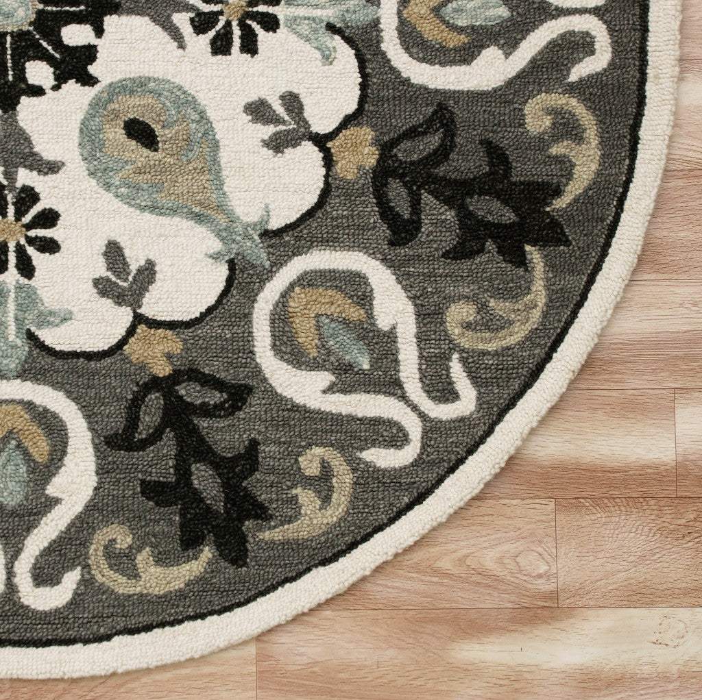 7' Gray Round Wool Hand Hooked Handmade Area Rug - Image 4