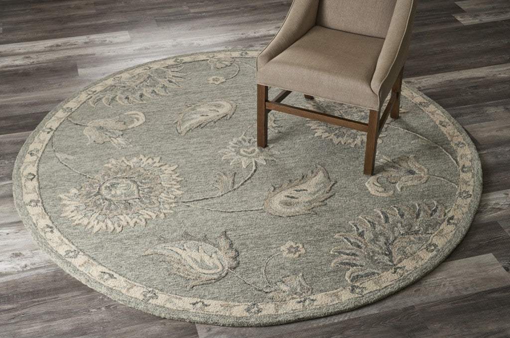 7' Gray Round Wool Hand Tufted Area Rug - Image 6