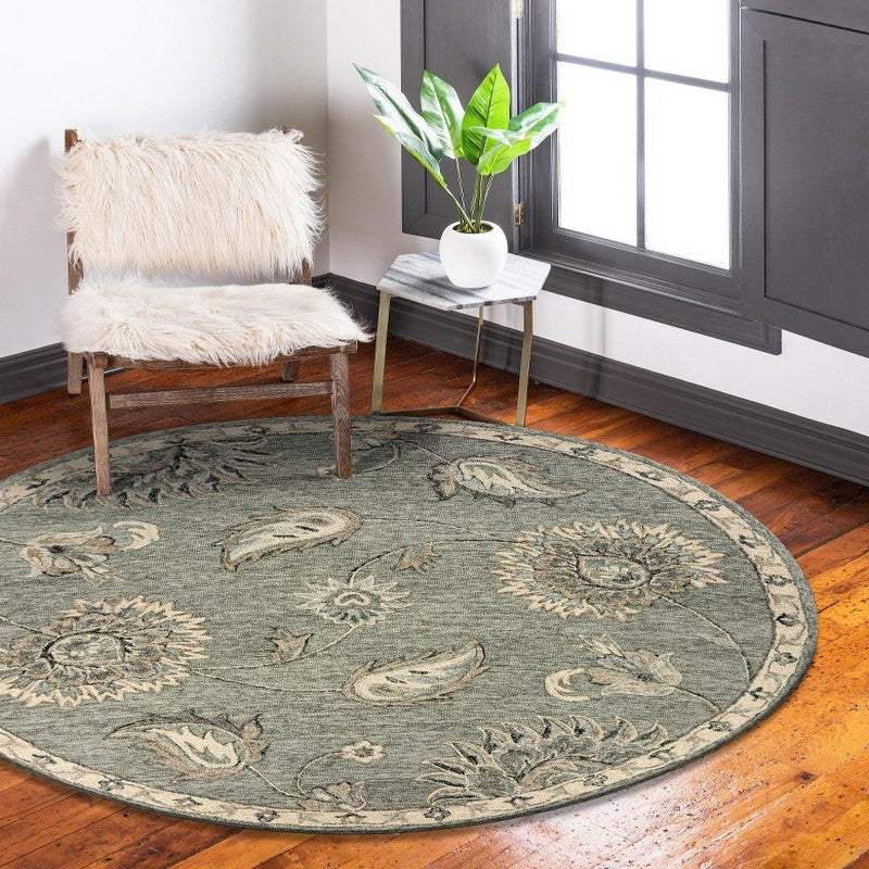 7' Gray Round Wool Hand Tufted Area Rug - Image 7