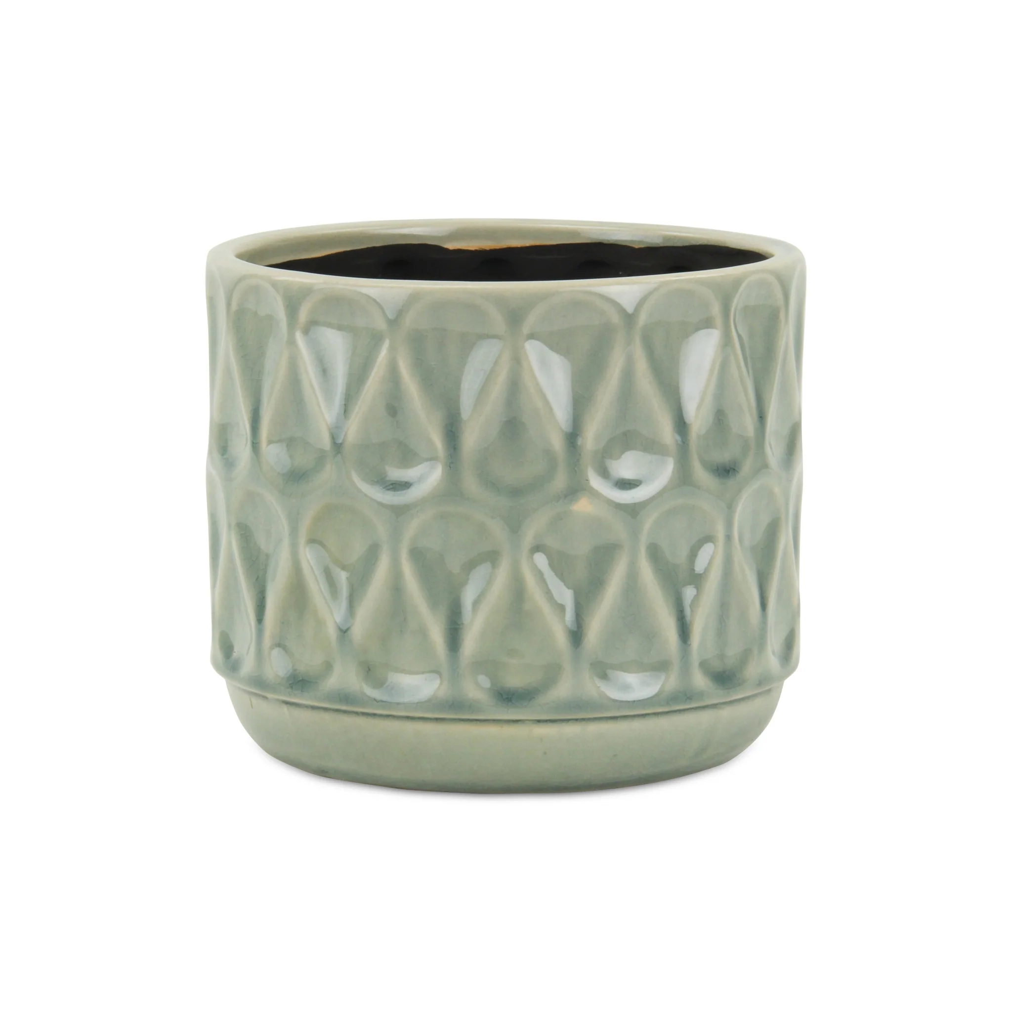7" Green Geometric Imprint Ceramic Indoor Outdoor Round Pot Planter - Image 3