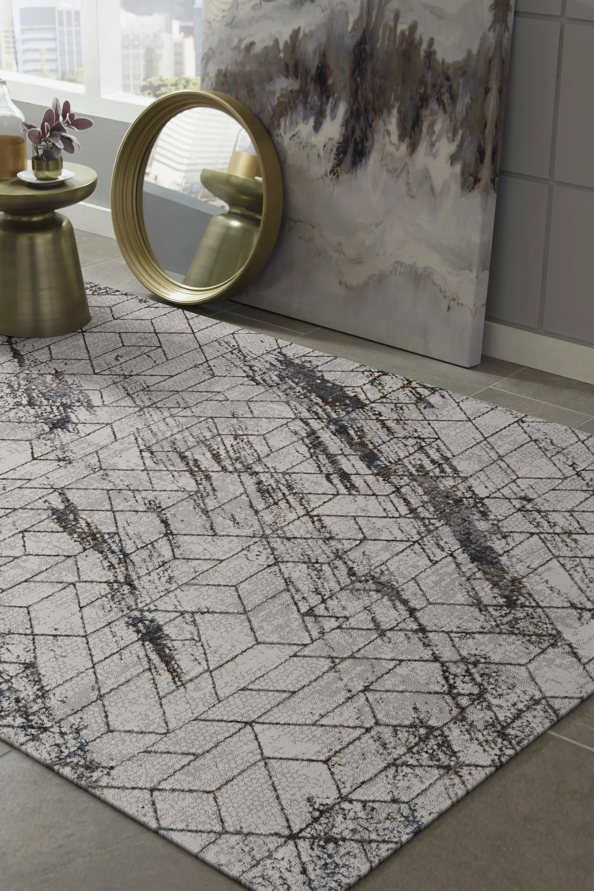 7' Ivory Machine Woven Abstract Geometric Indoor Runner Rug - Image 4
