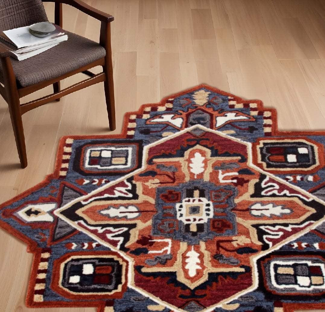 7' Maroon and Blue Medallion Area Rug