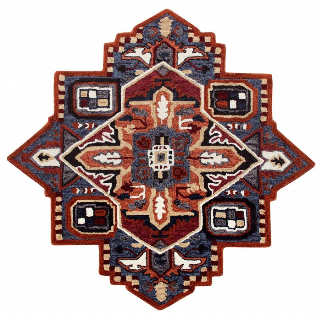 7' Maroon and Blue Medallion Area Rug - Image 2