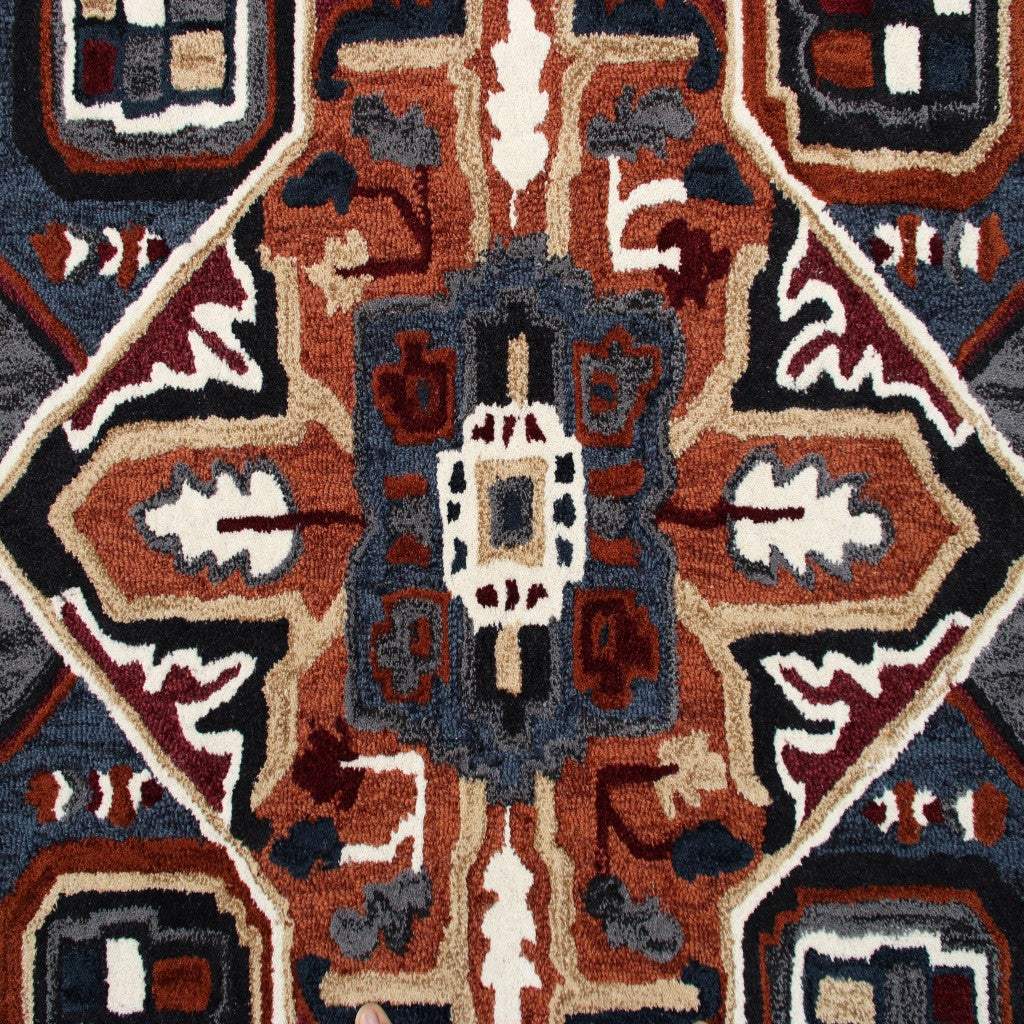 7' Maroon and Blue Medallion Area Rug - Image 4