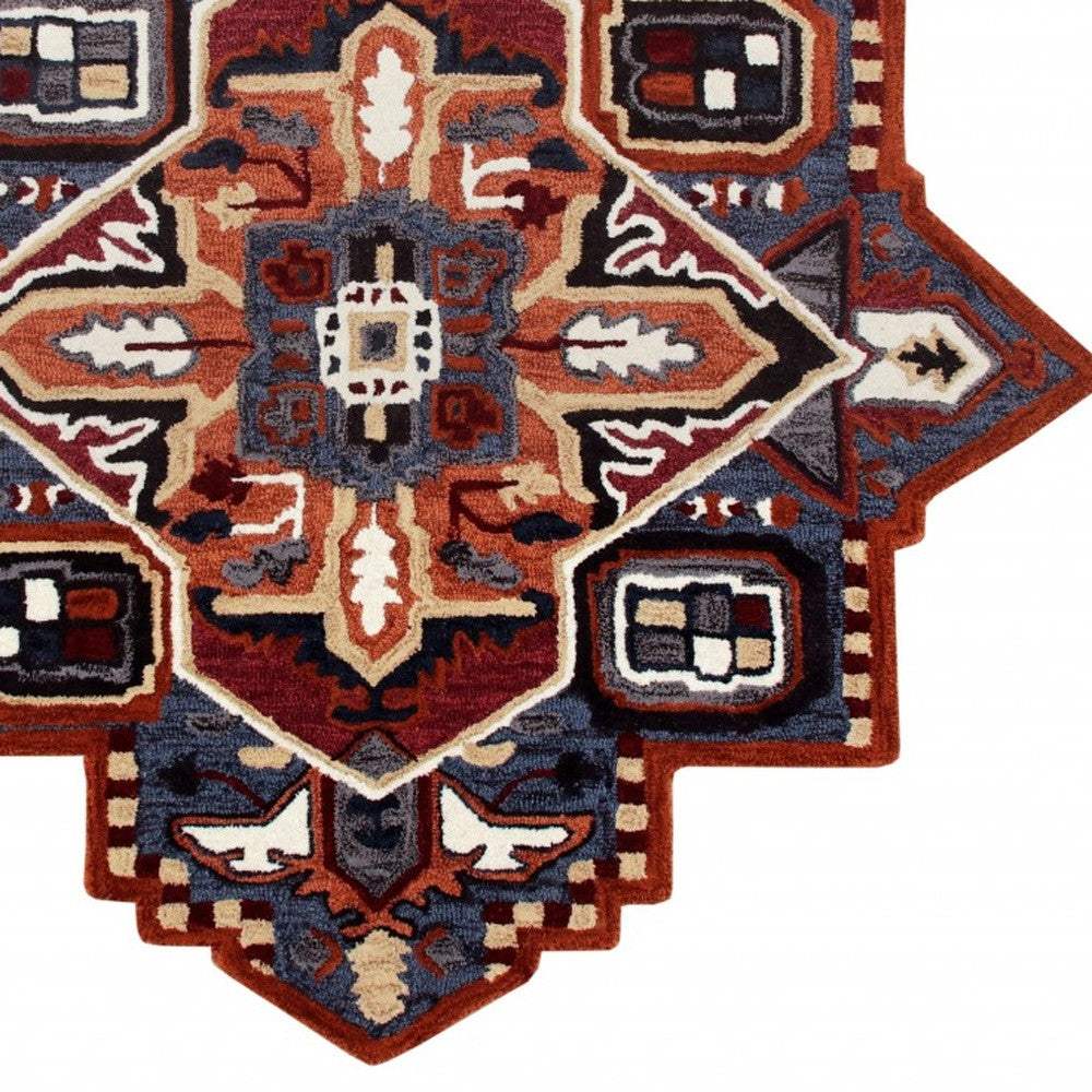 7' Maroon and Blue Medallion Area Rug - Image 5
