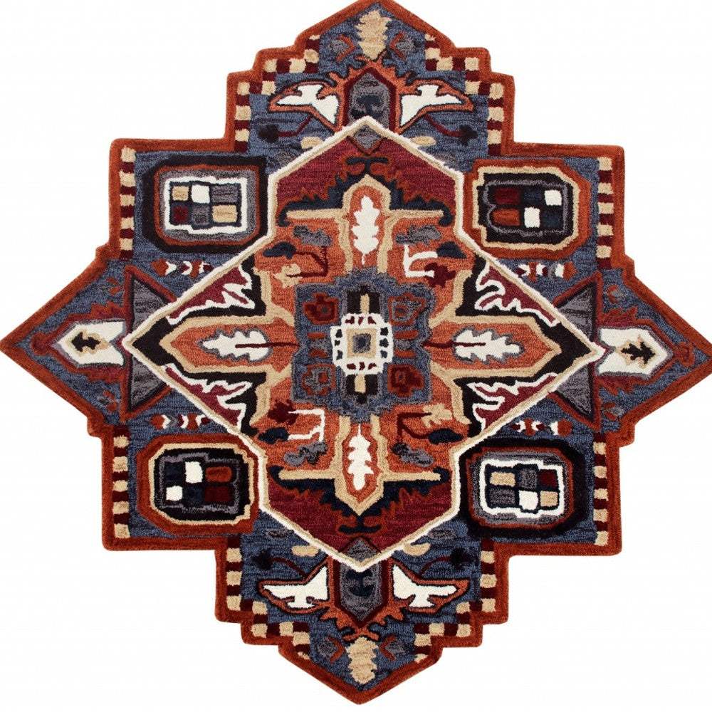 7' Maroon and Blue Medallion Area Rug - Image 6