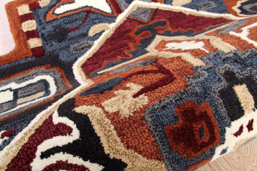 7' Maroon and Blue Medallion Area Rug - Image 7