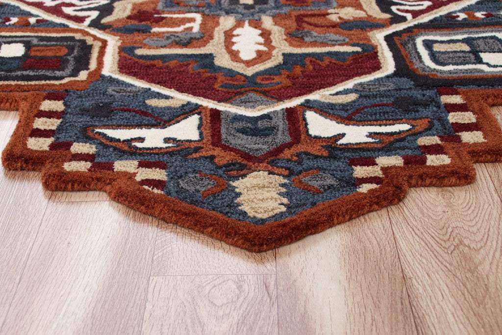 7' Maroon and Blue Medallion Area Rug - Image 9