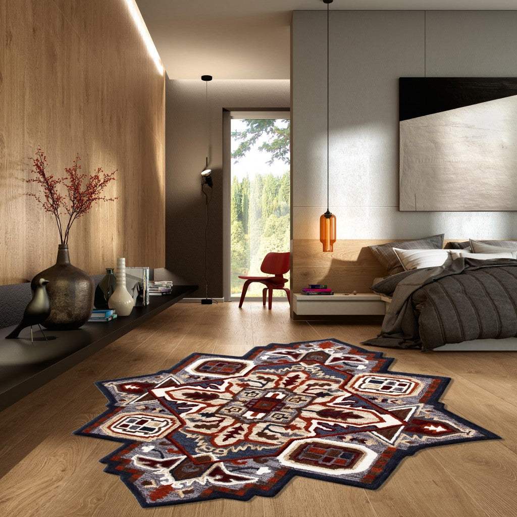 7' Maroon and Gray Medallion Area Rug - Image 8
