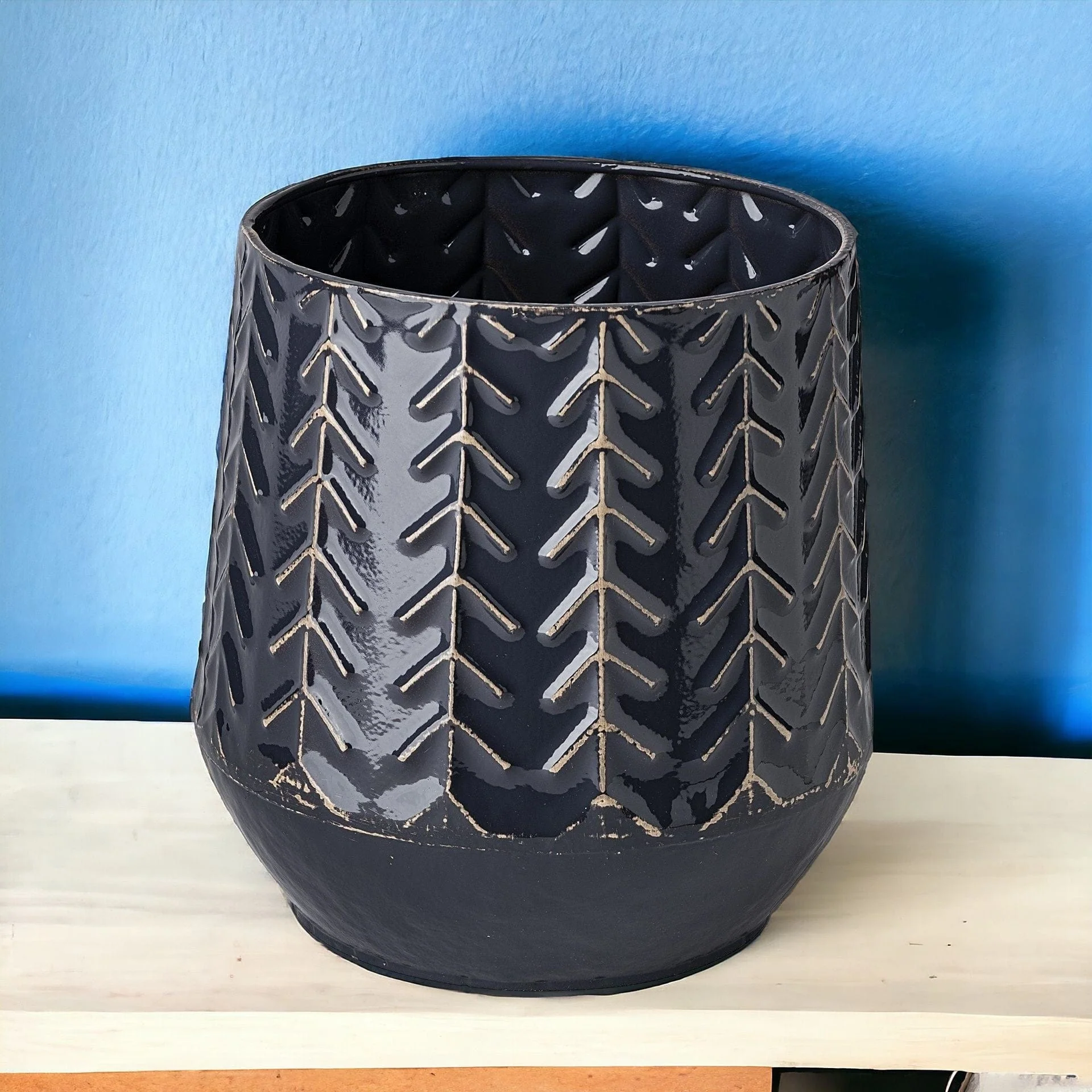 7" Navy Organically Embossed Chevron Metal Vase - Image 2