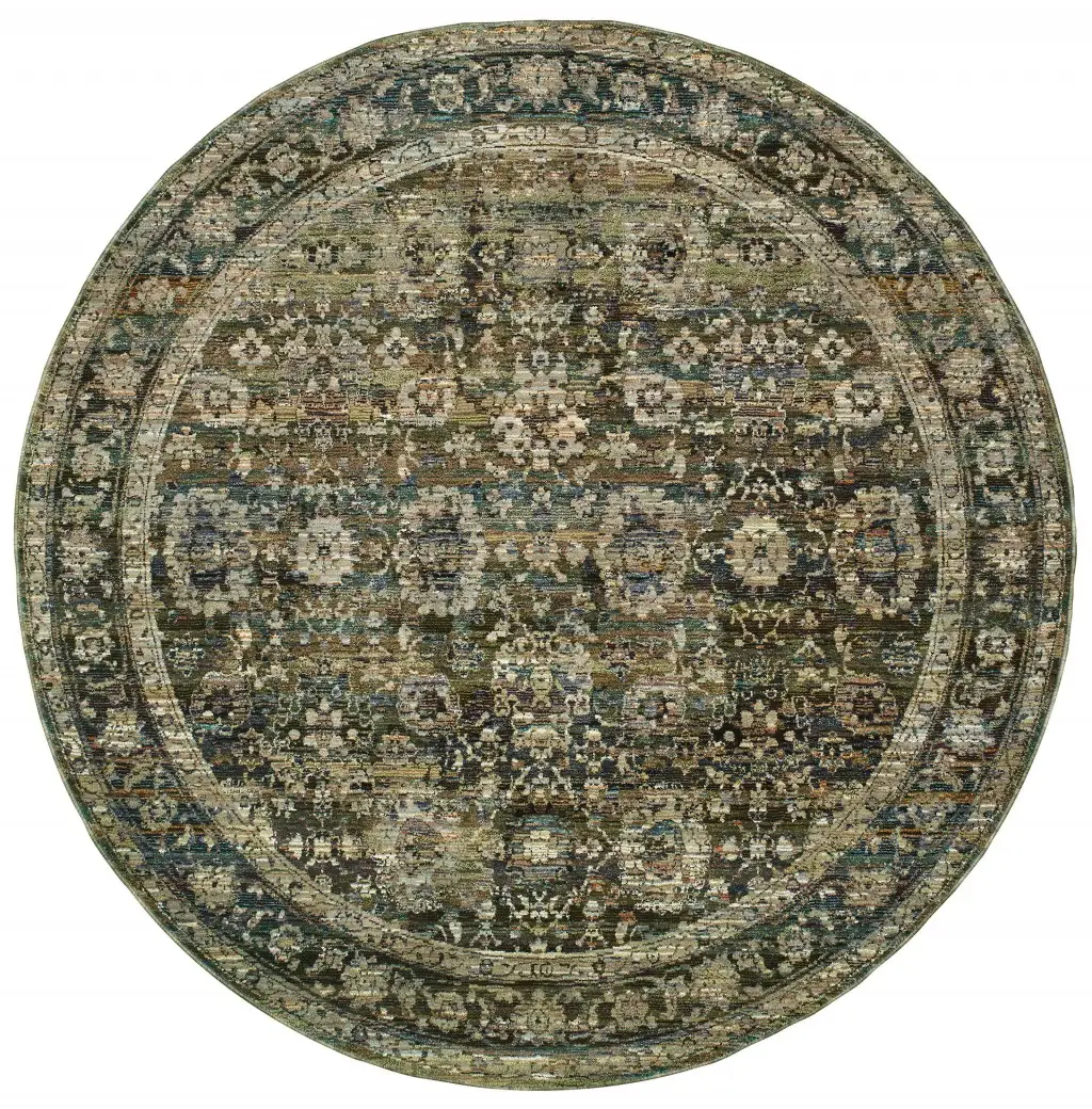 7' Round Green And Brown Floral Area Rug - Image 2