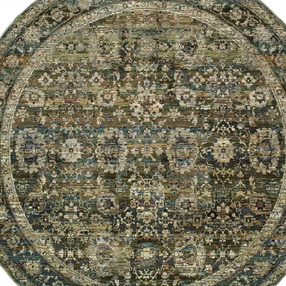 7' Round Green And Brown Floral Area Rug - Image 4