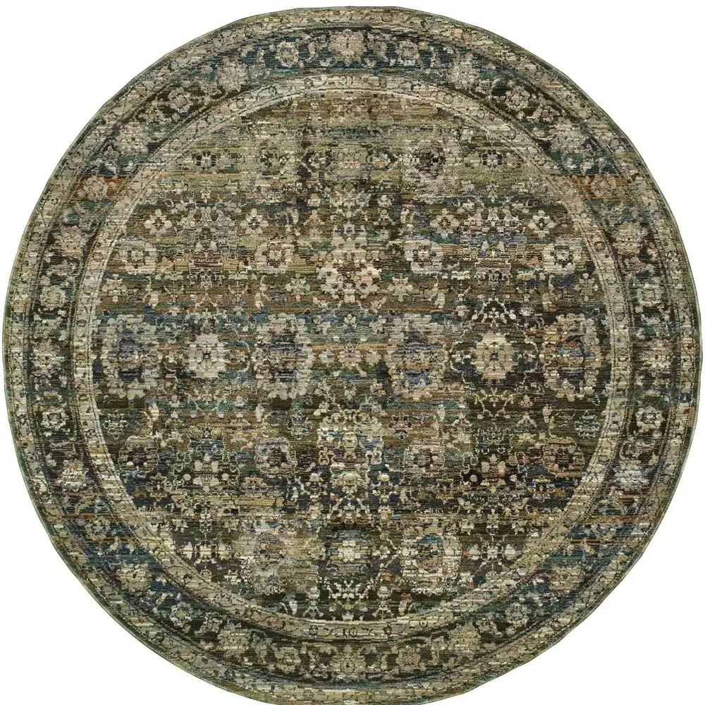 7' Round Green And Brown Floral Area Rug - Image 5
