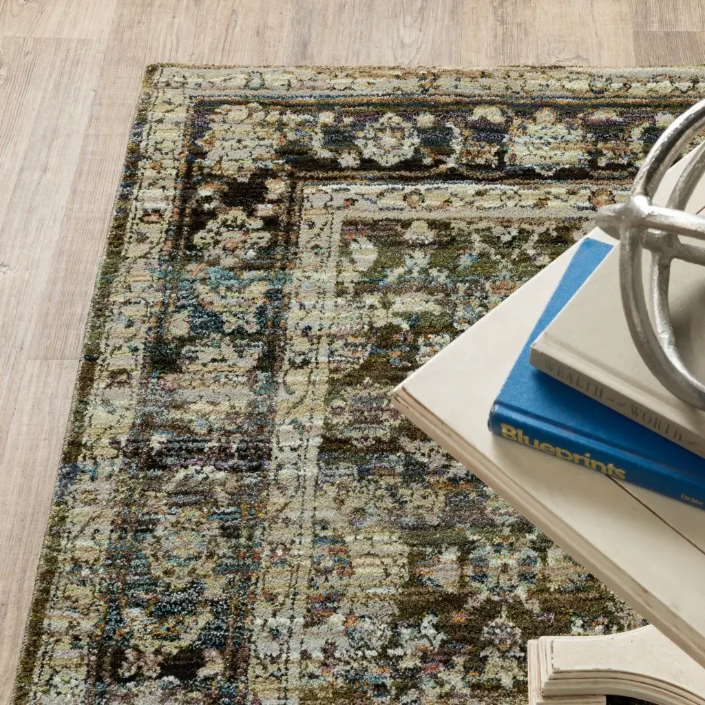 7' Round Green And Brown Floral Area Rug - Image 6