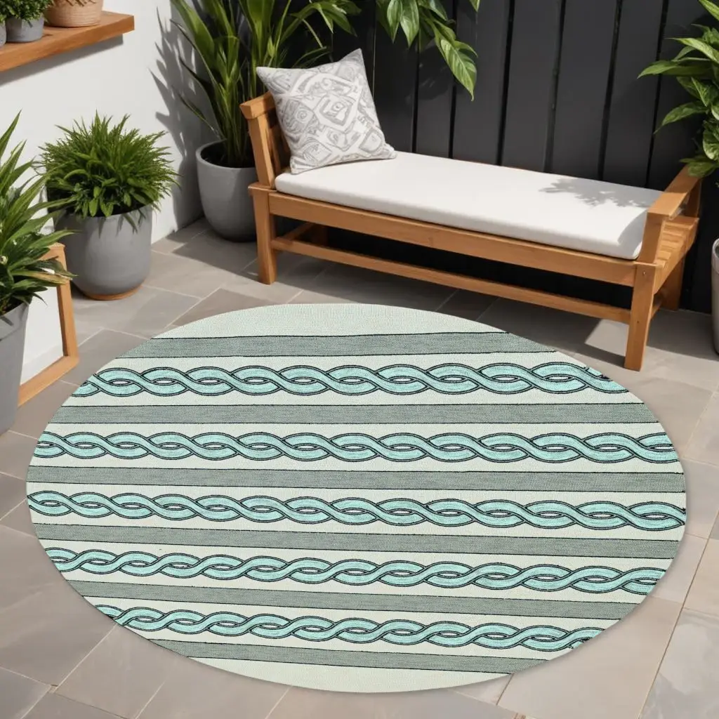7' Round Ivory and Blue Round Abstract Indoor Outdoor Area Rug