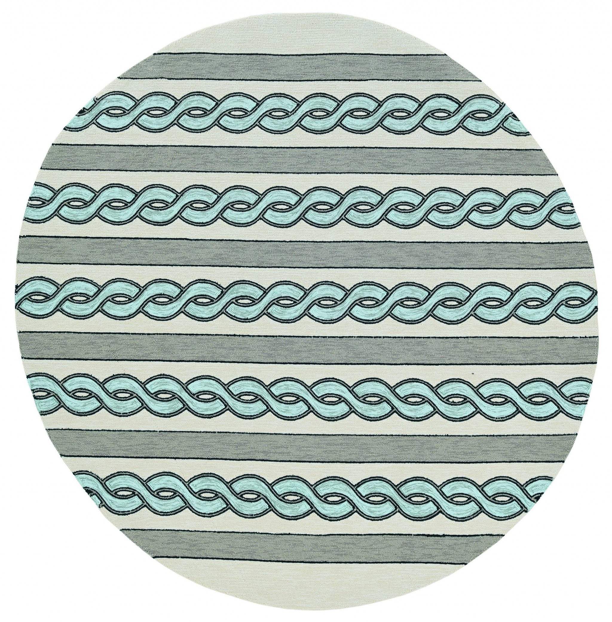7' Round Ivory and Blue Round Abstract Indoor Outdoor Area Rug - Image 5