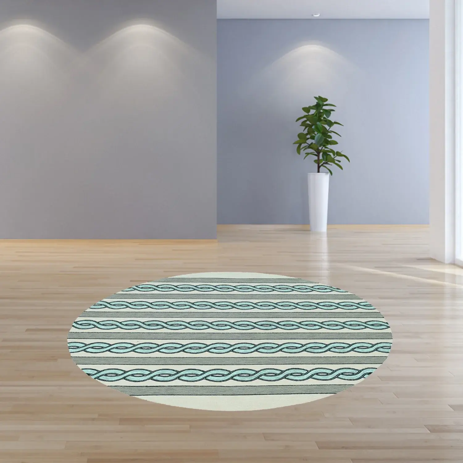 7' Round Ivory and Blue Round Abstract Indoor Outdoor Area Rug - Image 7