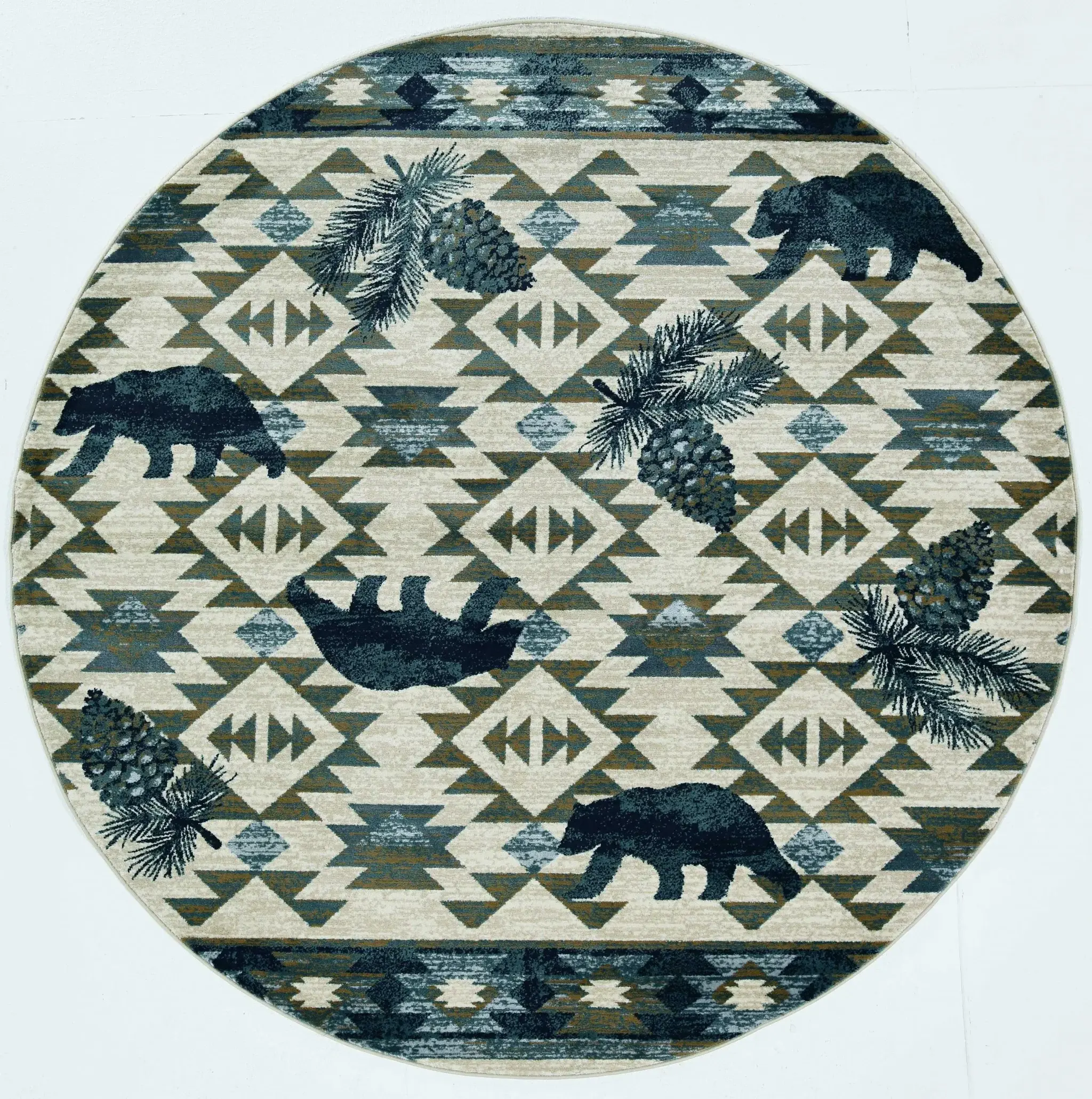 7' Round Ivory Or Blue Geometric Lodge Pattern Indoor Area Rug - Image 2