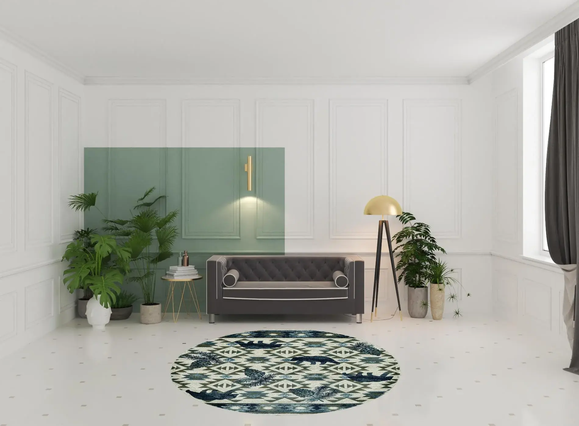 7' Round Ivory Or Blue Geometric Lodge Pattern Indoor Area Rug - Image 3