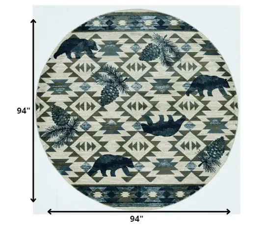 7' Round Ivory Or Blue Geometric Lodge Pattern Indoor Area Rug - Image 6