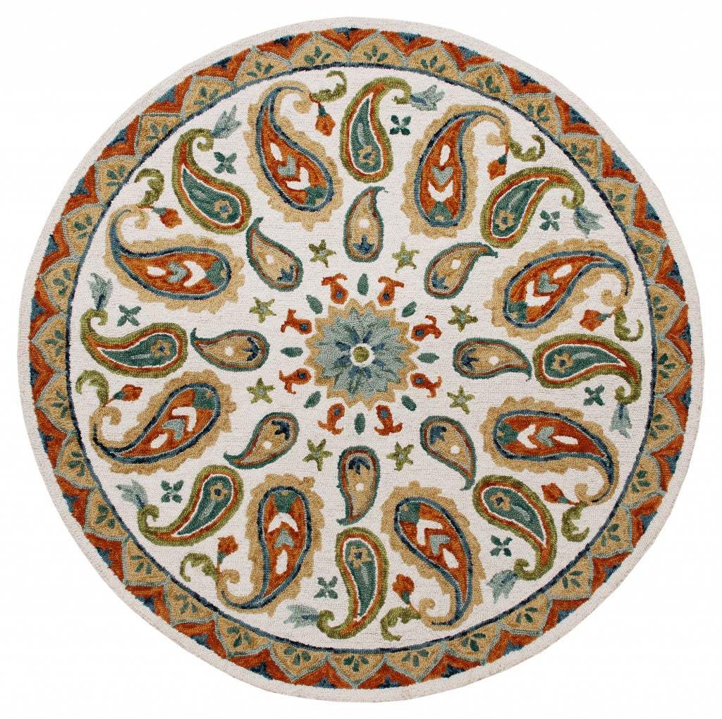 7' Round Orange and White Paisley Area Rug