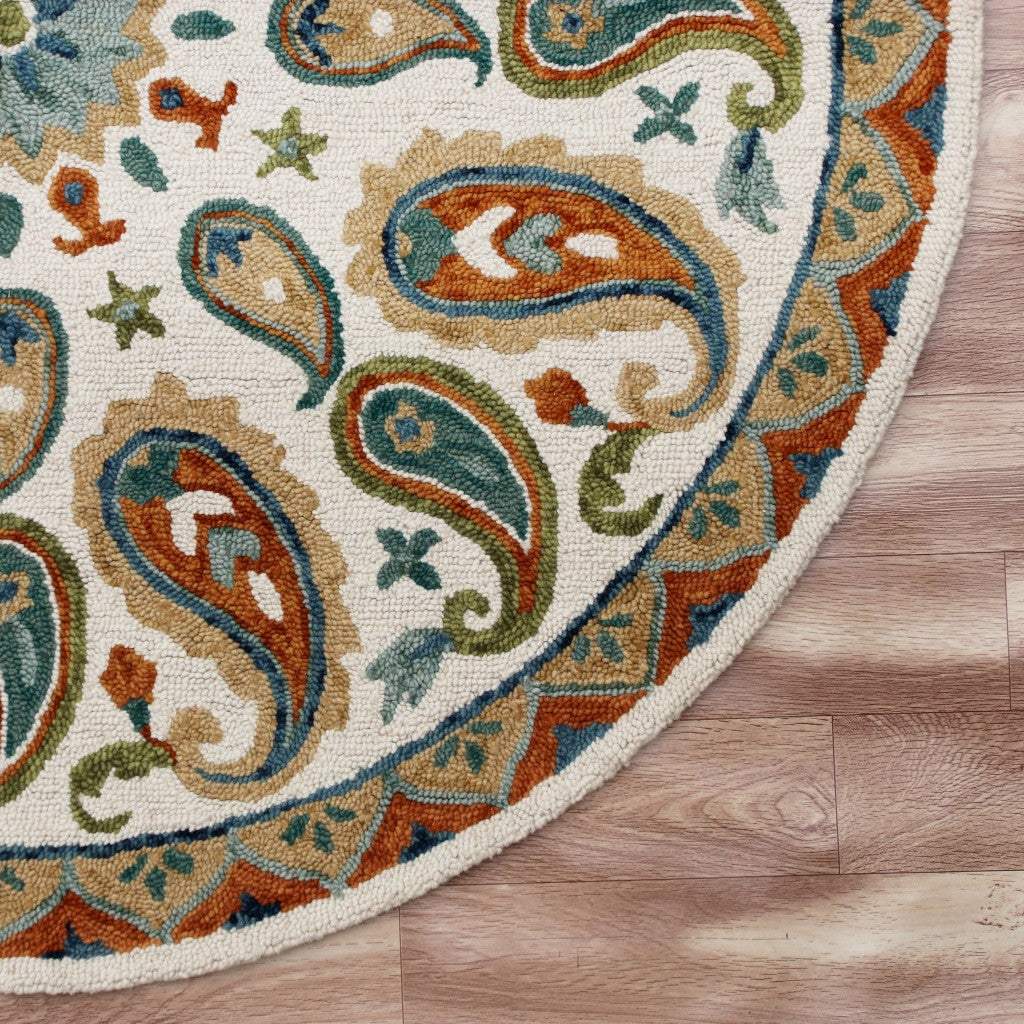 7' Round Orange and White Paisley Area Rug - Image 4