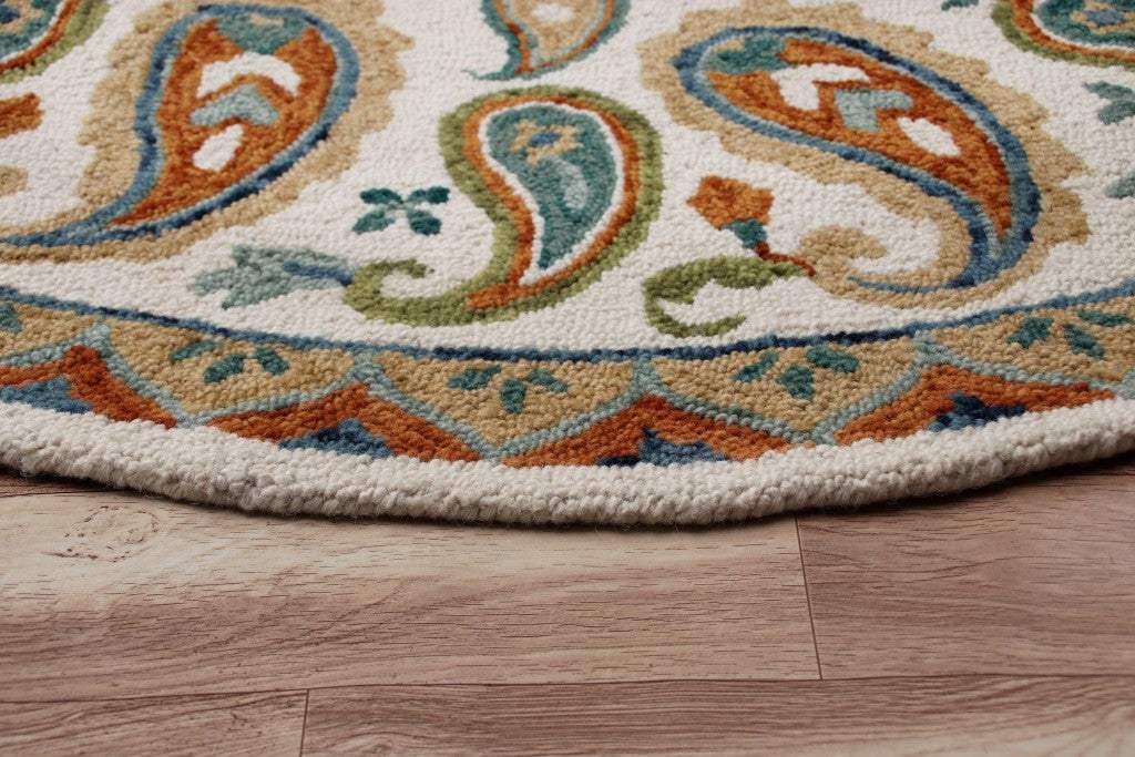 7' Round Orange and White Paisley Area Rug - Image 5