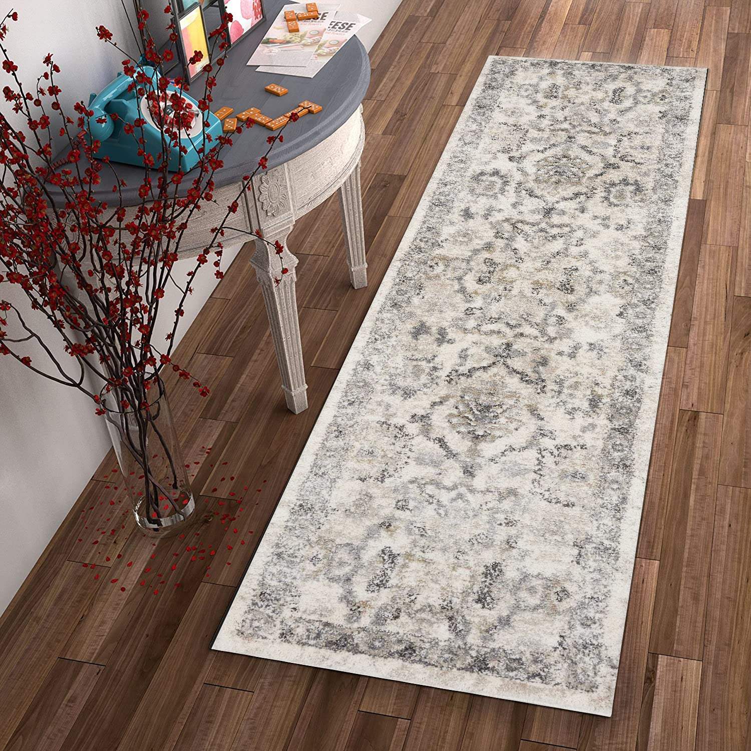 7' Runner Ivory Floral Distressed Runner Rug - Image 4
