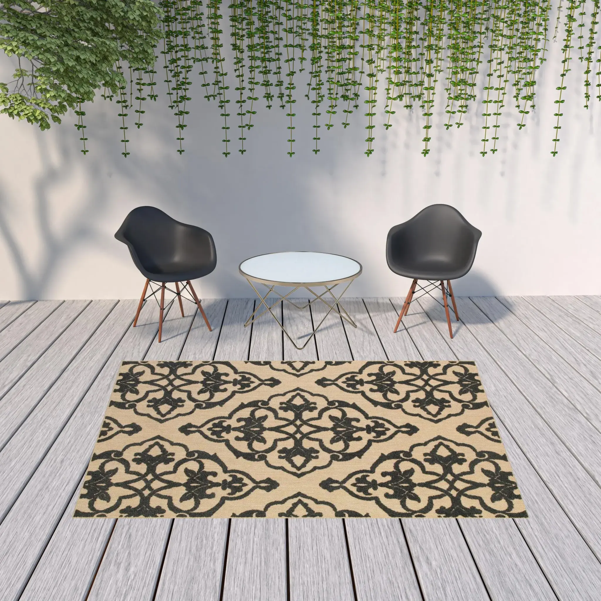7' X 10' Beige and Black Oriental Stain Resistant Indoor Outdoor Area Rug - Image 2