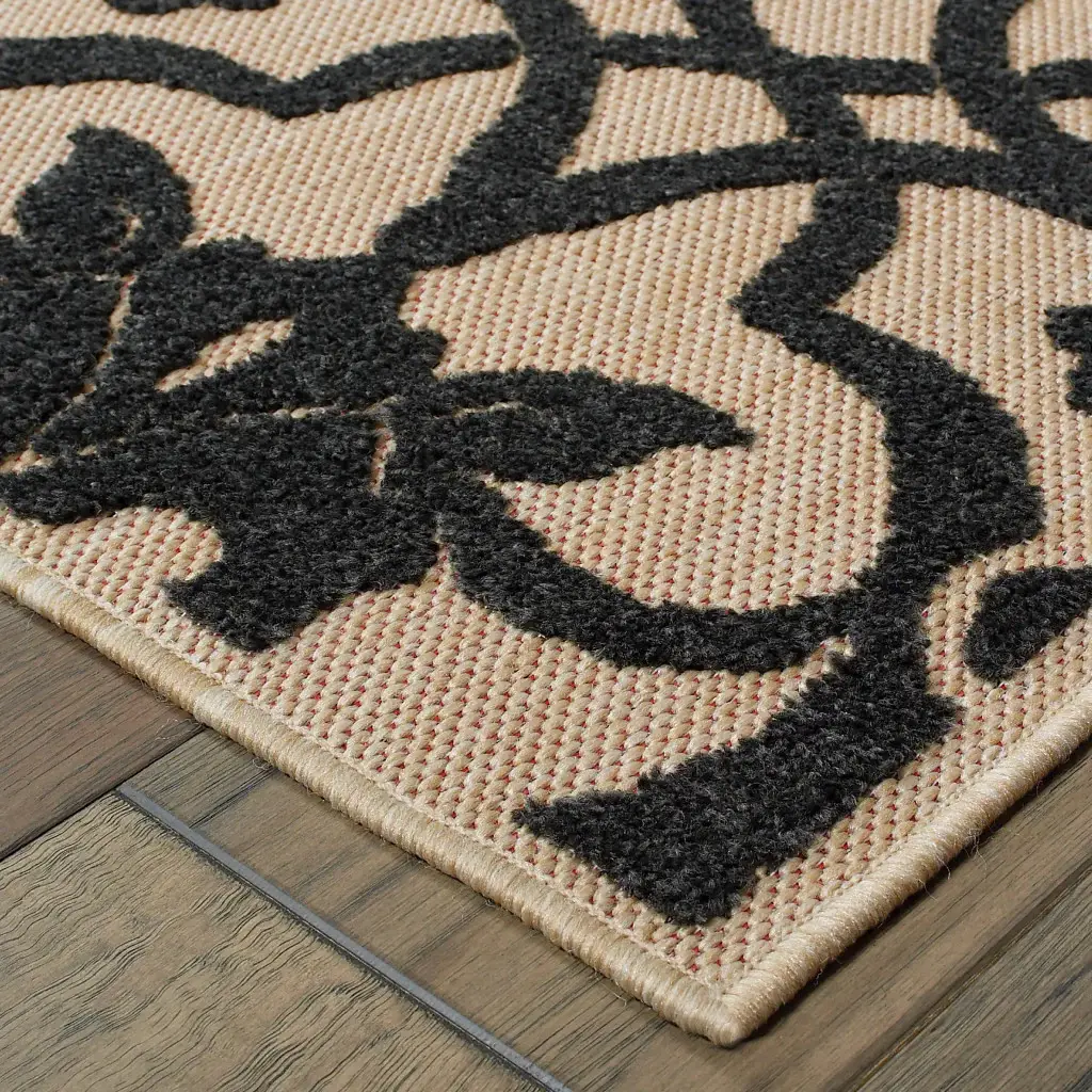 7' X 10' Beige and Black Oriental Stain Resistant Indoor Outdoor Area Rug - Image 3