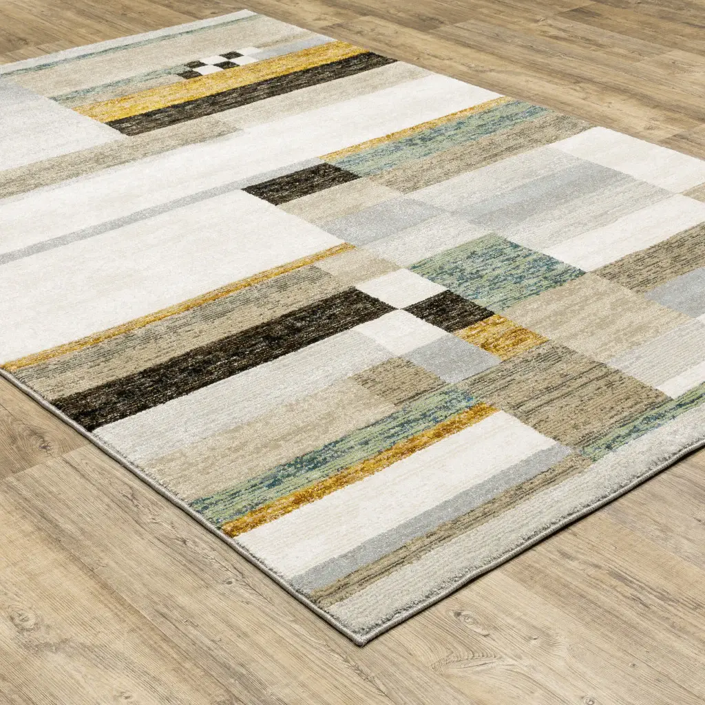7' X 10' Beige Gold Black Grey Tan Teal and Rust Geometric Power Loom Area Rug - Image 2